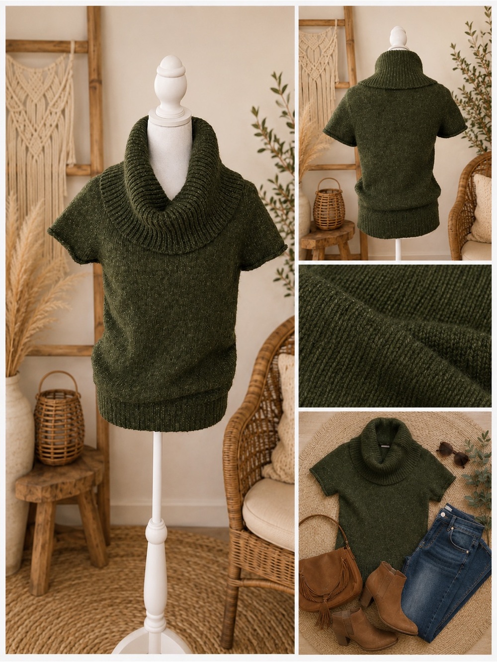 BCBGMaxAzria size M Olive Green Short-Sleeve Cowl Neck Sweater